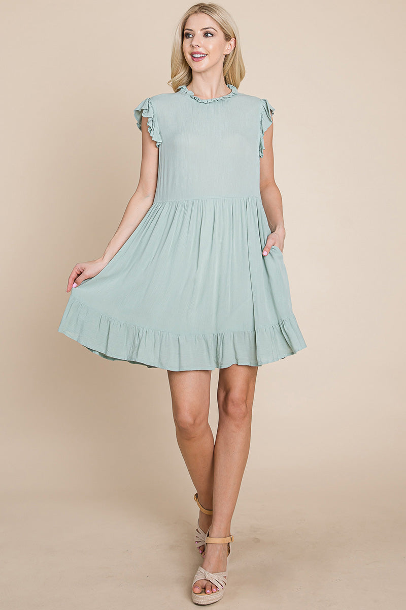 A stylish Ruffled Sleeveless Babydoll dress featuring ruffled sleeves, a side zipper, and two side pockets, perfect for casual and formal occasions.