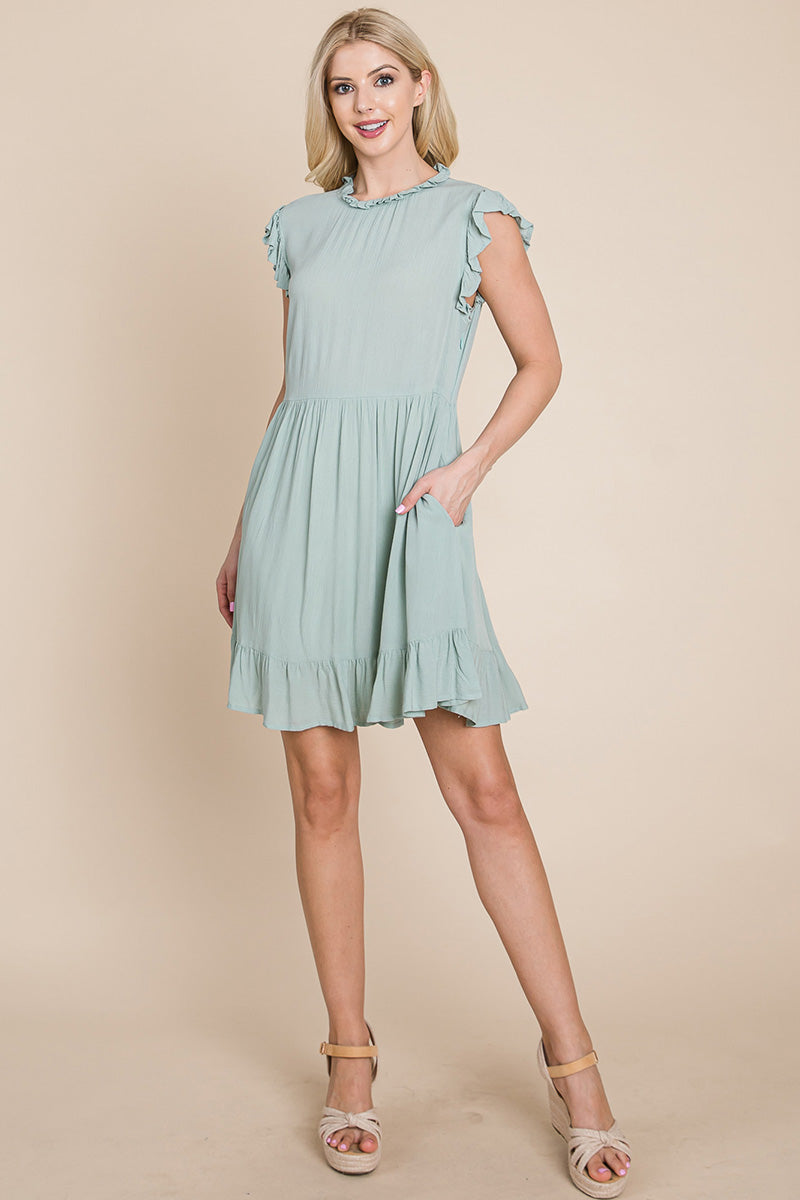 A stylish Ruffled Sleeveless Babydoll dress featuring ruffled sleeves, a side zipper, and two side pockets, perfect for casual and formal occasions.