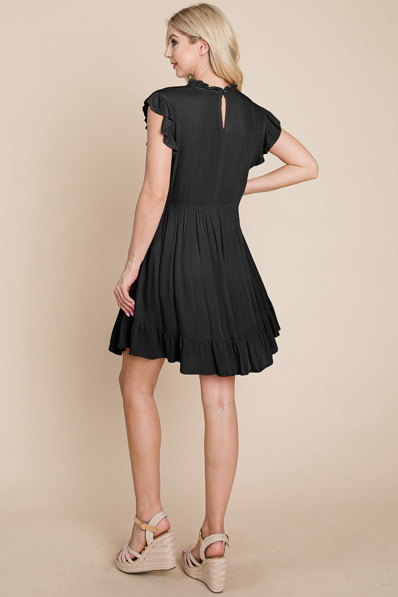 A stylish Ruffled Sleeveless Babydoll dress featuring ruffled sleeves, a side zipper, and two side pockets, perfect for casual and formal occasions.