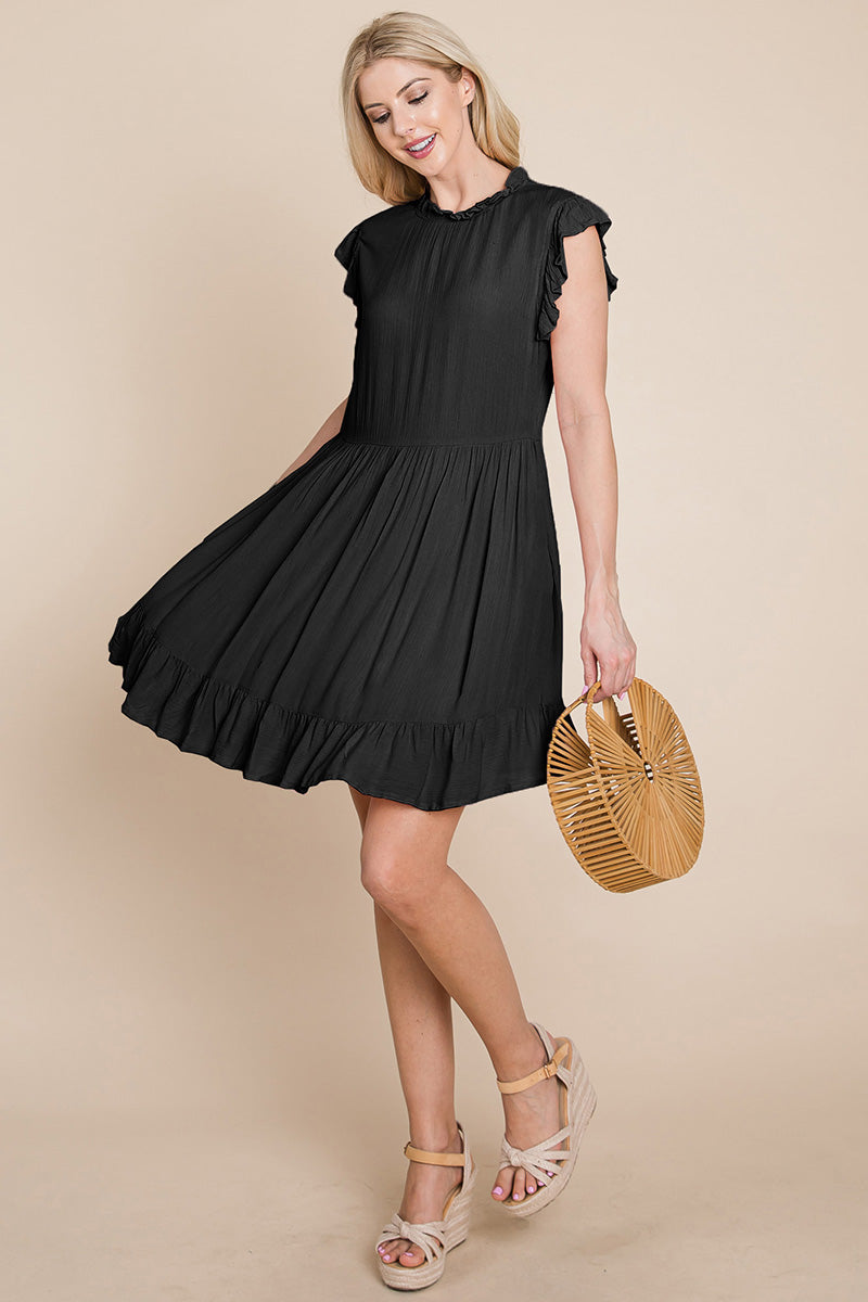 A stylish Ruffled Sleeveless Babydoll dress featuring ruffled sleeves, a side zipper, and two side pockets, perfect for casual and formal occasions.