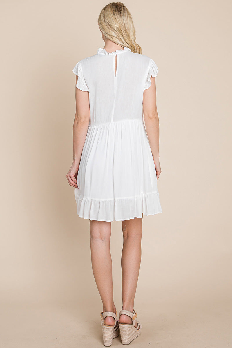 A stylish Ruffled Sleeveless Babydoll dress featuring ruffled sleeves, a side zipper, and two side pockets, perfect for casual and formal occasions.