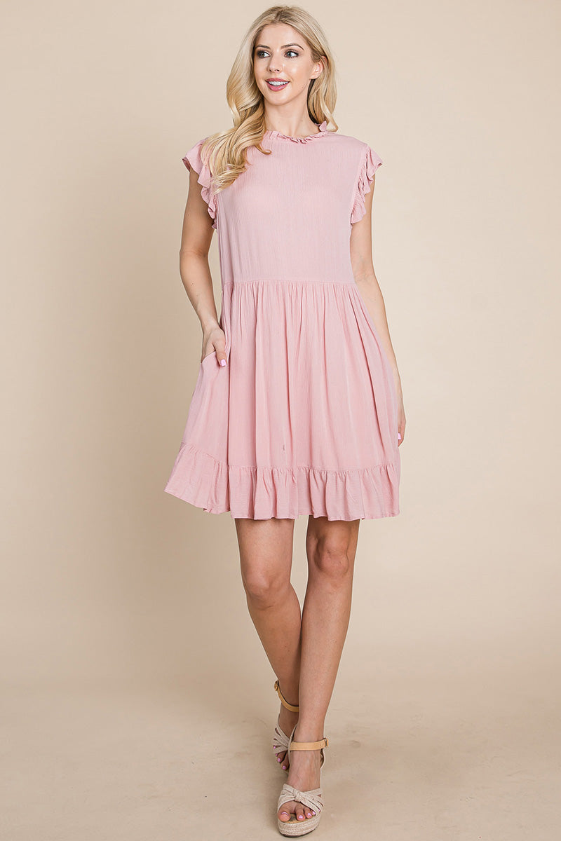A stylish Ruffled Sleeveless Babydoll dress featuring ruffled sleeves, a side zipper, and two side pockets, perfect for casual and formal occasions.
