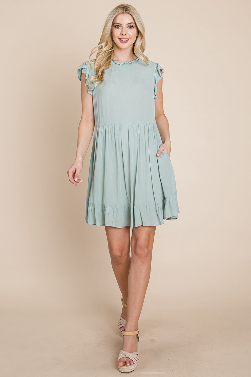 A stylish Ruffled Sleeveless Babydoll dress featuring ruffled sleeves, a side zipper, and two side pockets, perfect for casual and formal occasions.