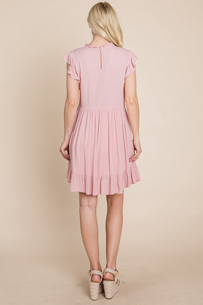 A stylish Ruffled Sleeveless Babydoll dress featuring ruffled sleeves, a side zipper, and two side pockets, perfect for casual and formal occasions.