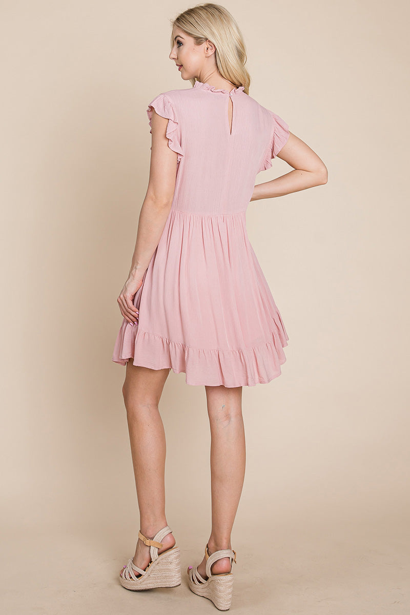 A stylish Ruffled Sleeveless Babydoll dress featuring ruffled sleeves, a side zipper, and two side pockets, perfect for casual and formal occasions.