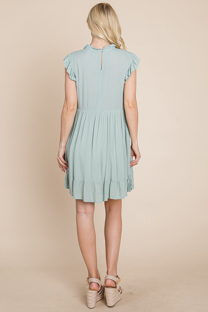 A stylish Ruffled Sleeveless Babydoll dress featuring ruffled sleeves, a side zipper, and two side pockets, perfect for casual and formal occasions.
