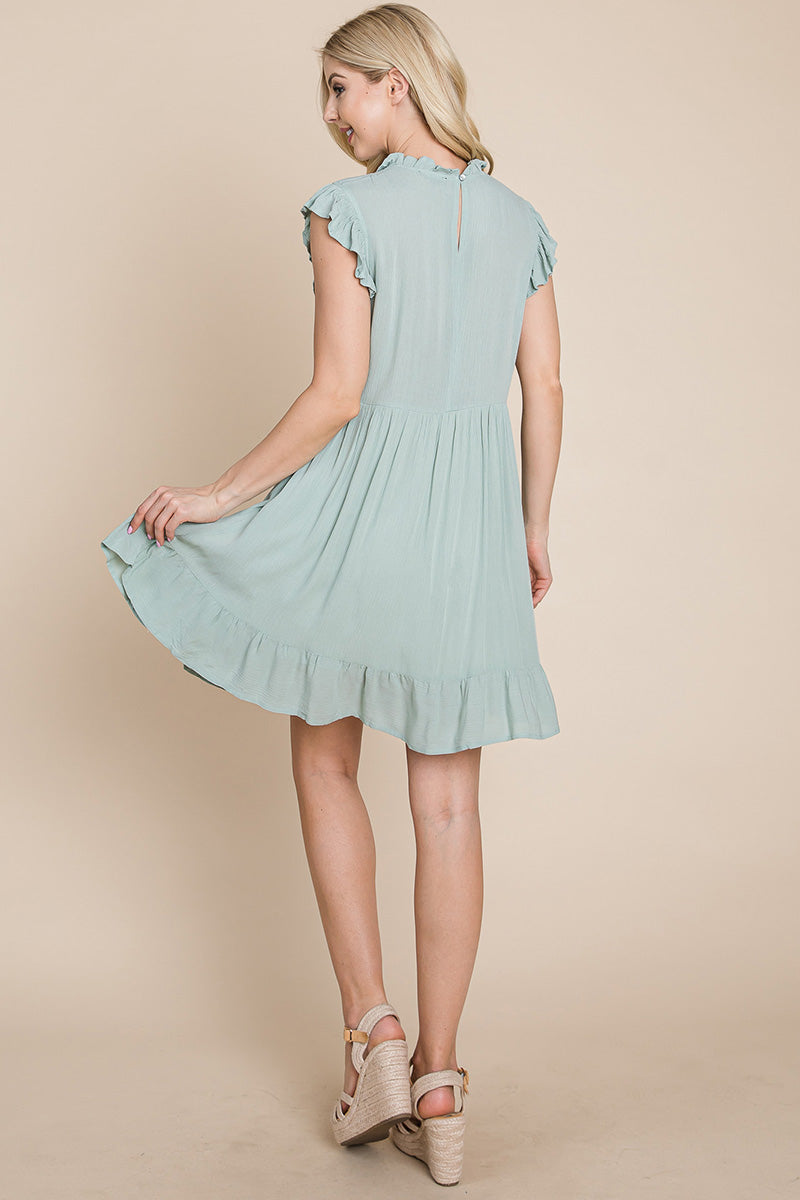 A stylish Ruffled Sleeveless Babydoll dress featuring ruffled sleeves, a side zipper, and two side pockets, perfect for casual and formal occasions.