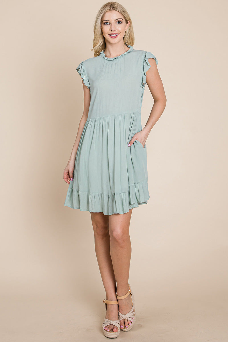 A stylish Ruffled Sleeveless Babydoll dress featuring ruffled sleeves, a side zipper, and two side pockets, perfect for casual and formal occasions.