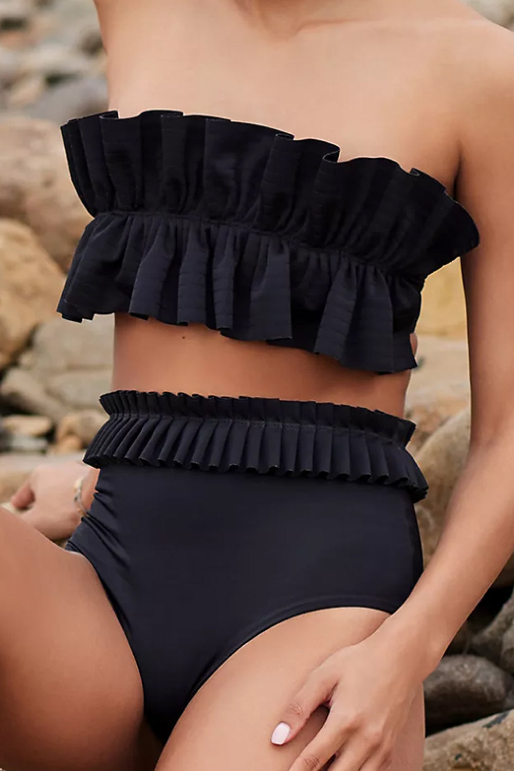 Ruffled Tie Back Two-Piece Swim Set featuring a high-waisted bottom and removable padding, perfect for beach outings.