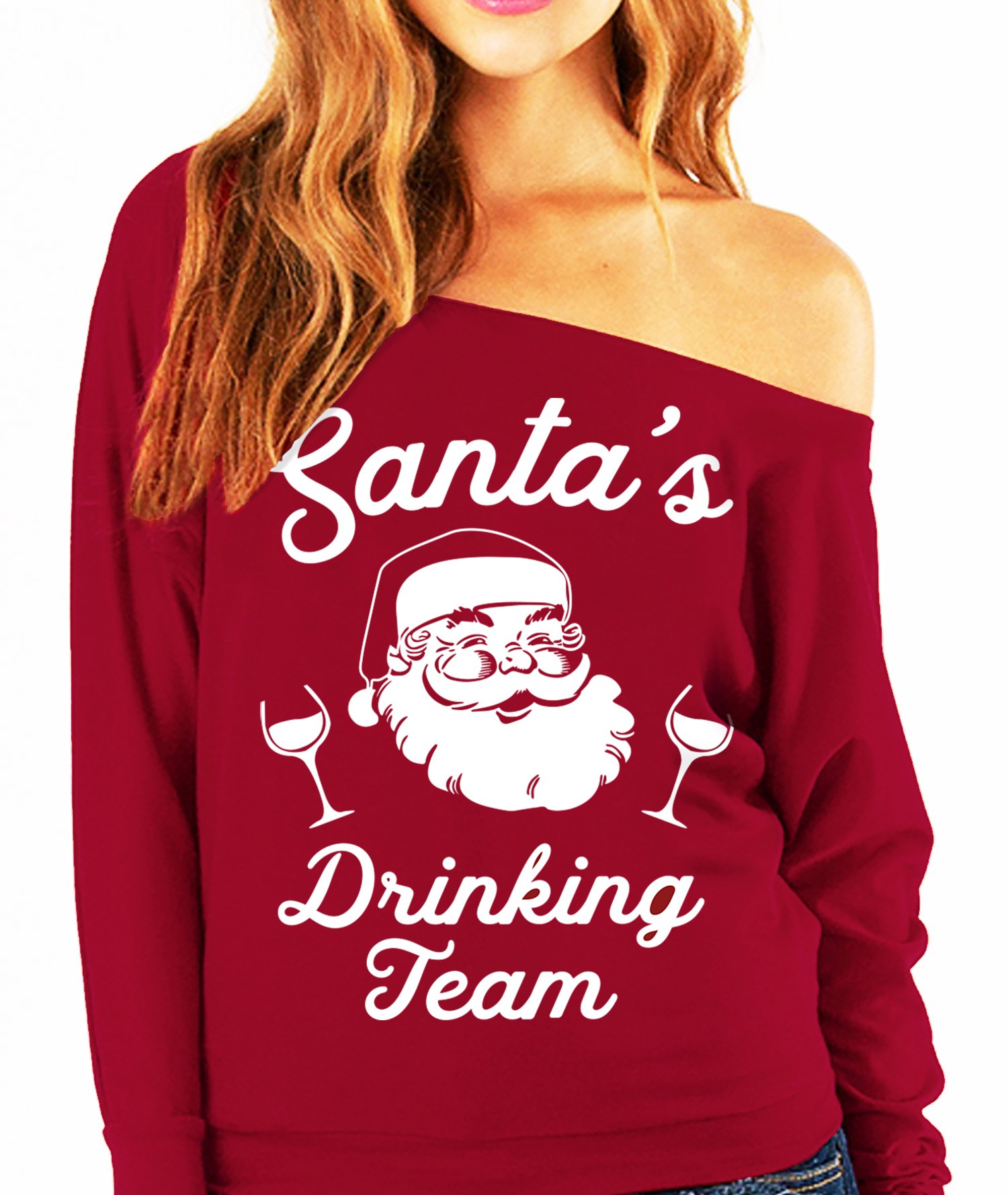 A cozy SANTA'S DRINKING TEAM Christmas Slouchy Sweatshirt in vibrant colors, featuring a fun holiday design perfect for festive gatherings.