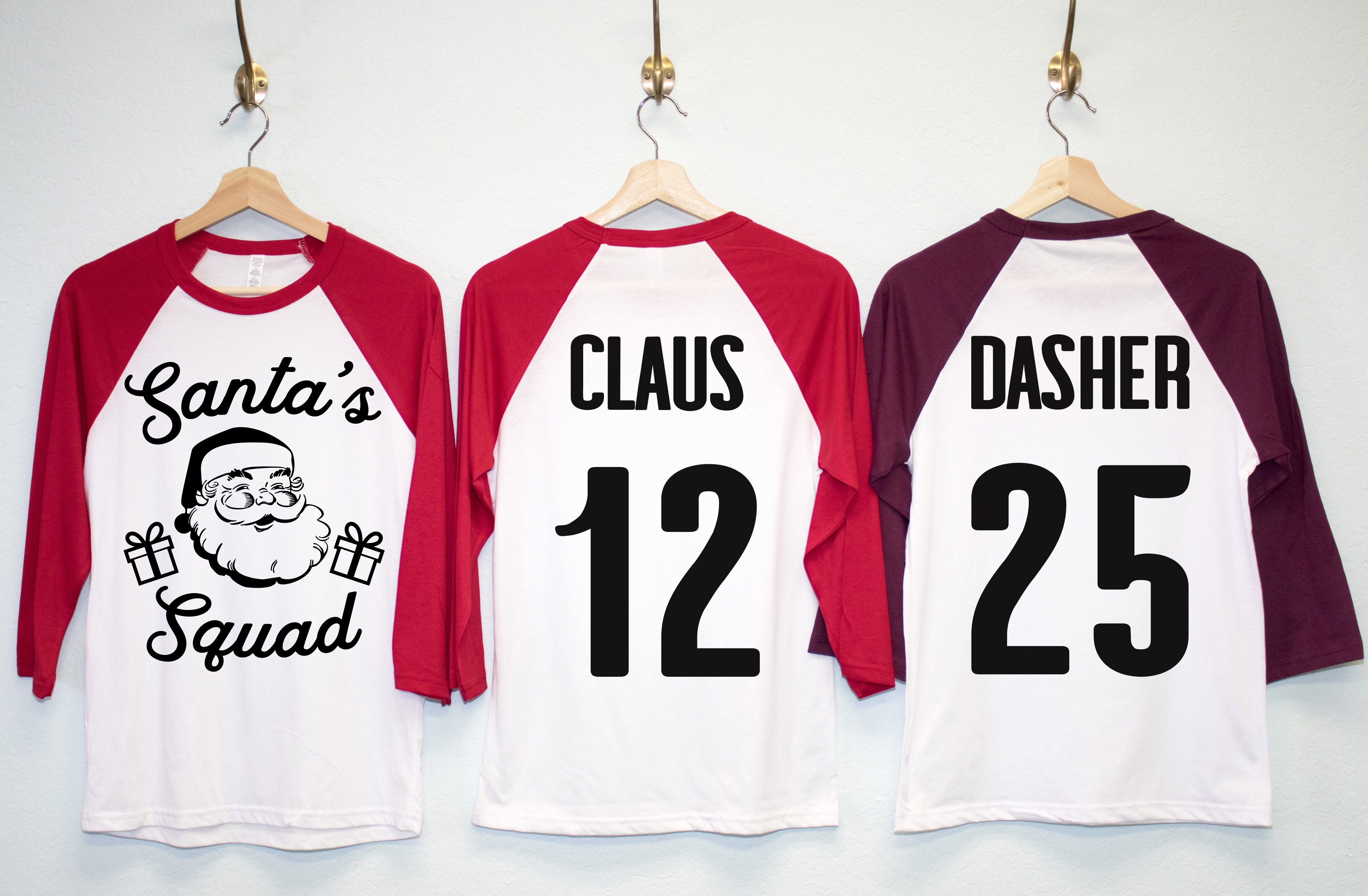 Customizable SANTA'S SQUAD Christmas Shirt featuring festive design with personalized name and number options.