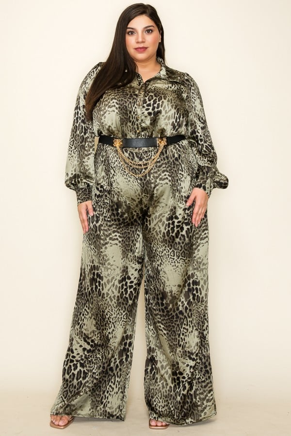 Satin leopard print long sleeve jumpsuit with a chain belt, showcasing a stylish and elegant design.