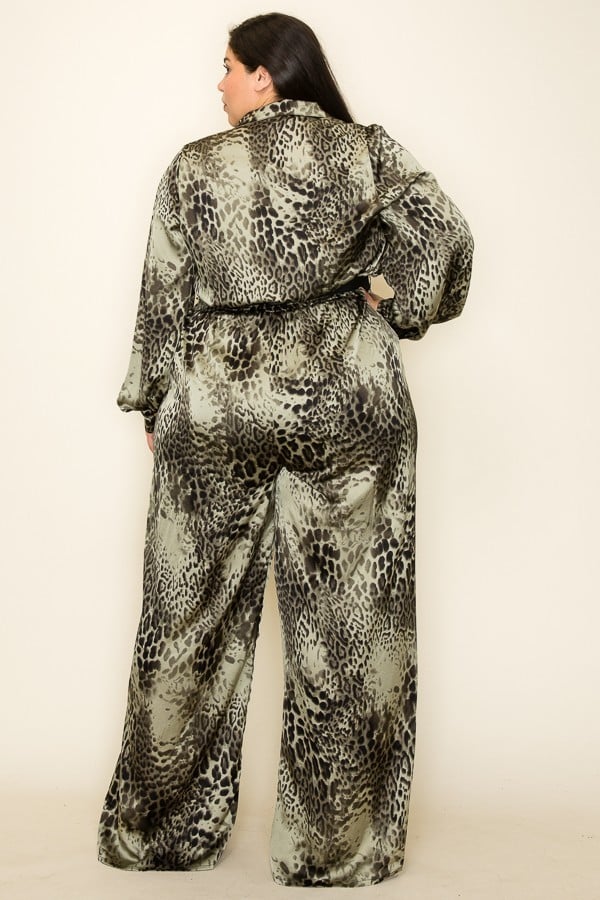 Satin leopard print long sleeve jumpsuit with a chain belt, showcasing a stylish and elegant design.