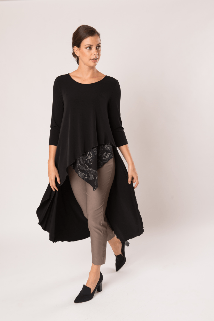 Savannah Tunic in Black with Venice Print, showcasing a contemporary design and flattering flowy cut.