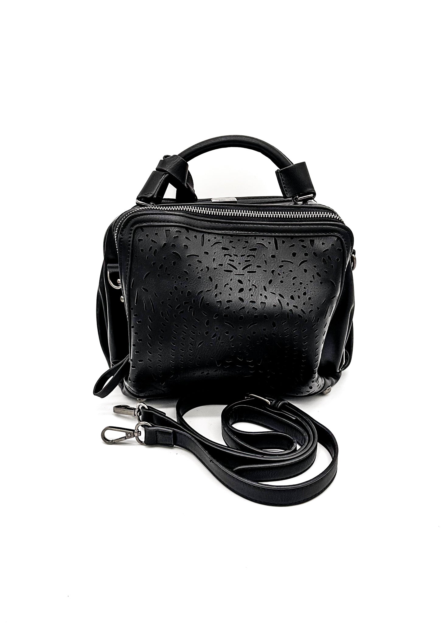 Savvy Handbag in Black featuring laser cut design and adjustable strap, showcasing its stylish faux leather finish and multiple compartments.