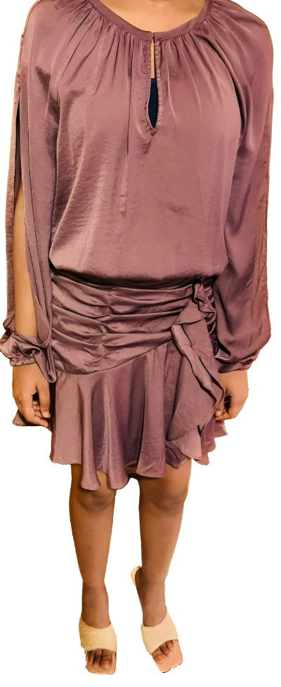 Scoop Neck Ruched Mini Dress featuring long sleeves and a flared mini skirt with trendy tiers.