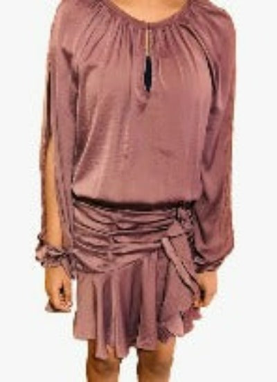 Scoop Neck Ruched Mini Dress featuring long sleeves and a flared mini skirt with trendy tiers.