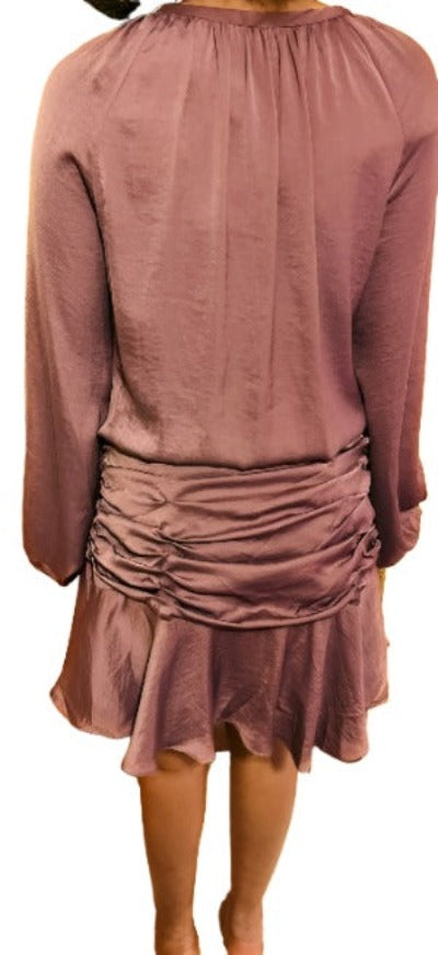 Scoop Neck Ruched Mini Dress featuring long sleeves and a flared mini skirt with trendy tiers.