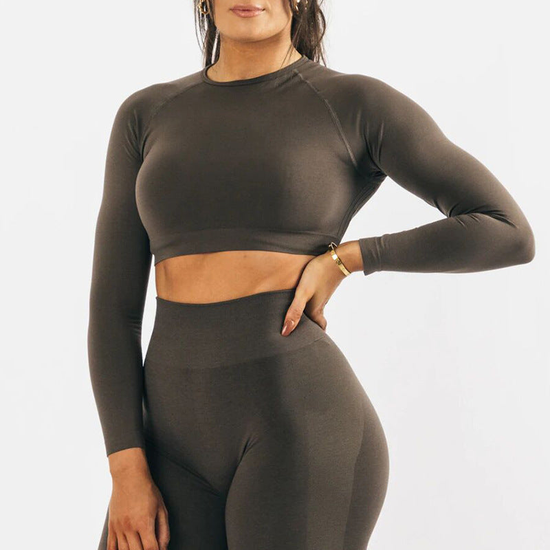 A stylish Seamless Yoga Long Sleeve Top for women, featuring a seamless design and moisture-wicking fabric, perfect for various fitness activities.