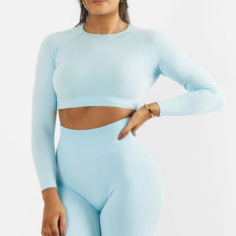 A stylish Seamless Yoga Long Sleeve Top for women, featuring a seamless design and moisture-wicking fabric, perfect for various fitness activities.