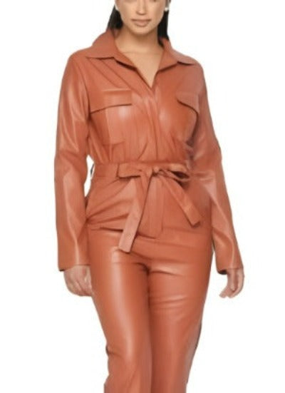 Self belted button-up shirt leather jumpsuit with long sleeves, featuring a stylish design and wide legs, perfect for any occasion.