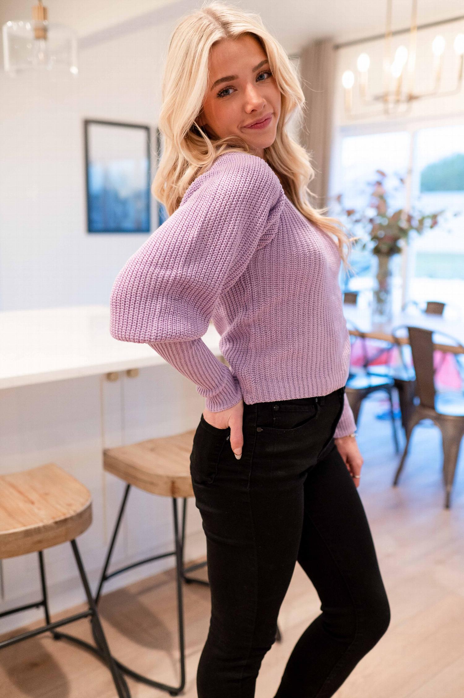 A stylish Semi-crop Long Balloon Sleeve Round Neck Sweater in soft pastel colors, showcasing its elegant balloon sleeves and relaxed fit.