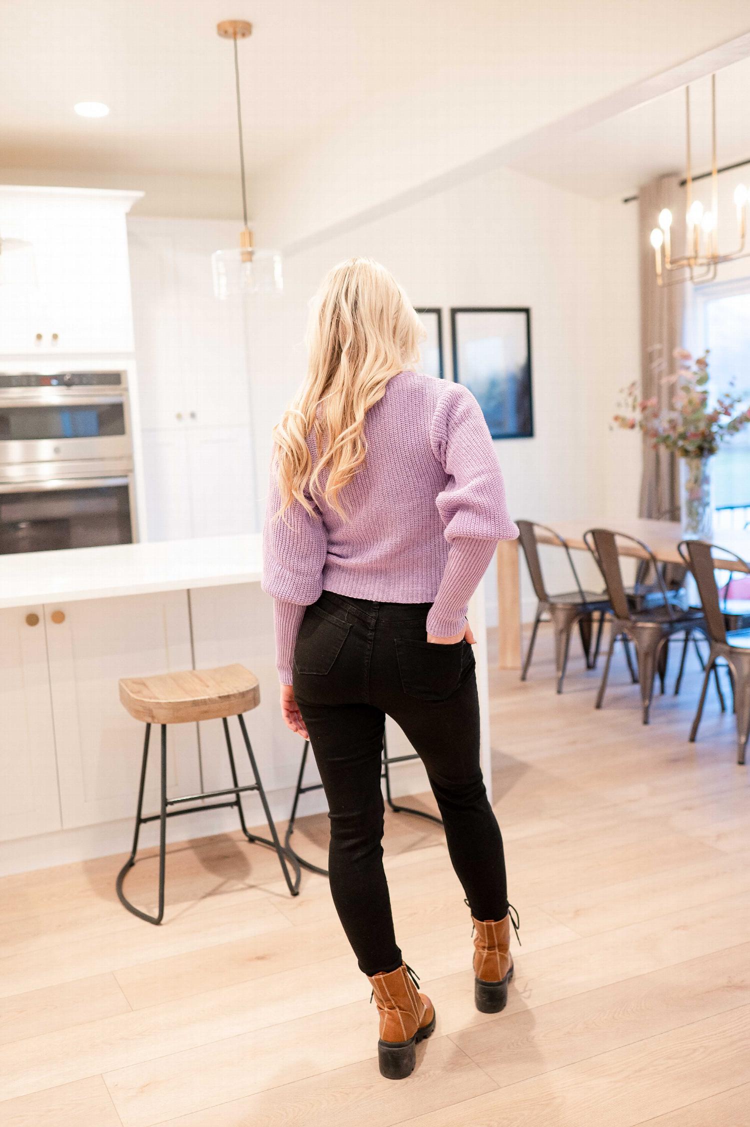 A stylish Semi-crop Long Balloon Sleeve Round Neck Sweater in soft pastel colors, showcasing its elegant balloon sleeves and relaxed fit.