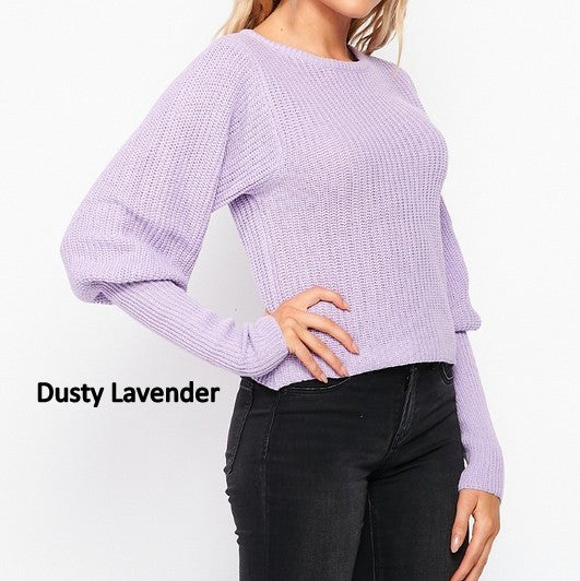 A stylish Semi-crop Long Balloon Sleeve Round Neck Sweater in soft pastel colors, showcasing its elegant balloon sleeves and relaxed fit.
