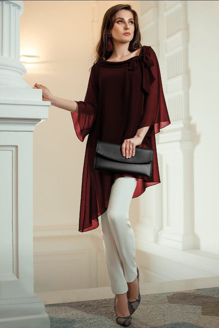 Burgundy semi-transparent elegant tunic Ginette with loose 3/4 sleeves and round neckline featuring ribbon ties.