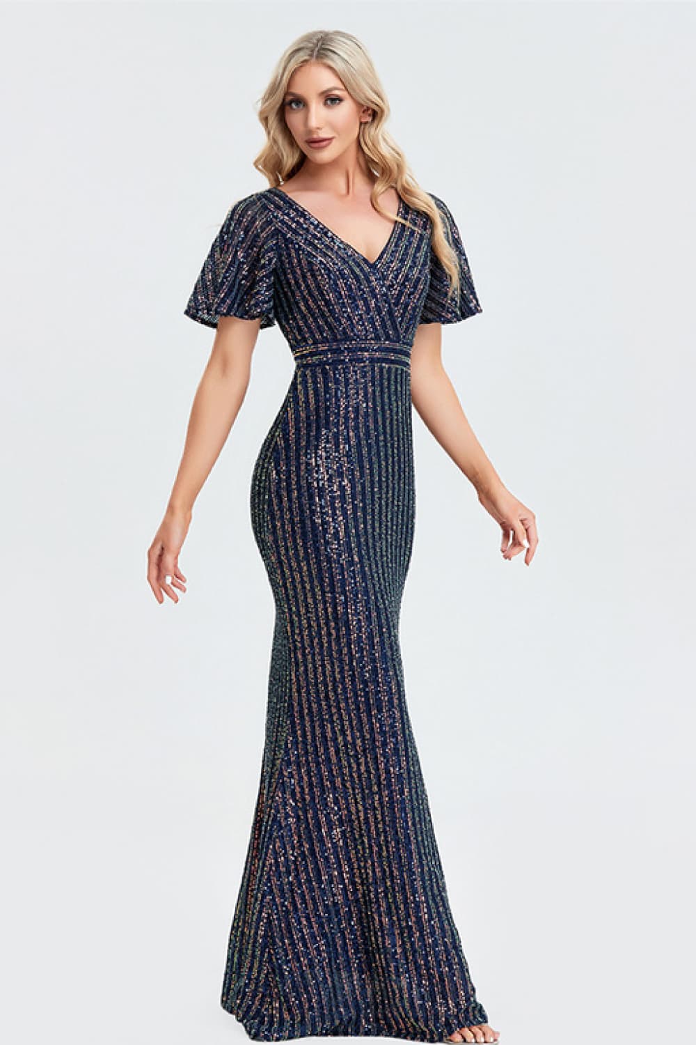 A stylish Sequin Flutter Sleeve Formal Dress featuring a striped pattern, flutter sleeves, and a surplice neckline, perfect for formal occasions.