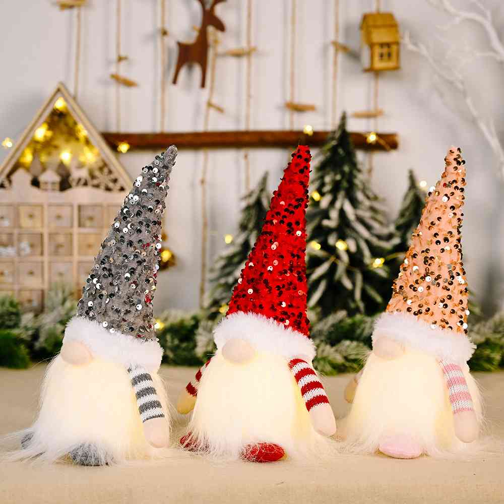 A charming Sequin Light-Up Faceless Gnome, featuring a sparkling design and vibrant colors, perfect for festive home decor.