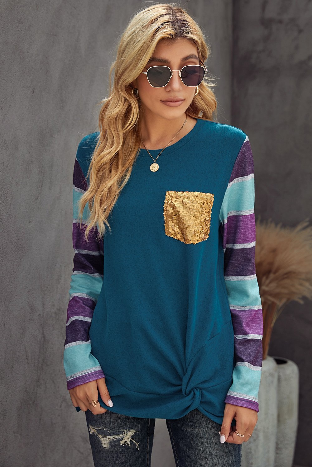 Sequin Splicing Colorful Stripes Long Sleeve Top featuring vibrant stripes and a stylish sequin pocket detail.