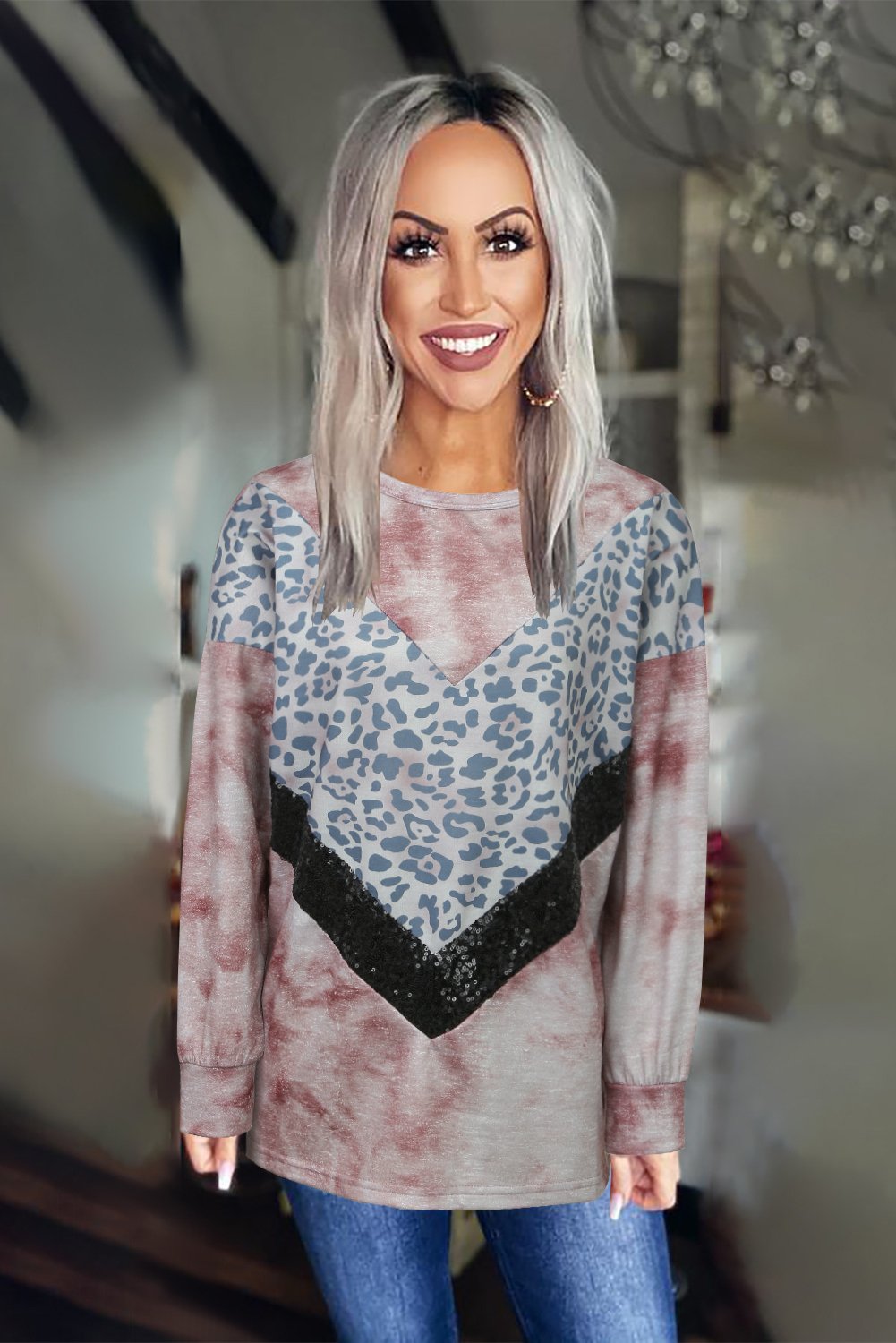 Sequin Splicing Khaki Tie Dye Long Sleeve Top featuring a trendy tie dye pattern, leopard print accents, and sequins for a stylish look.