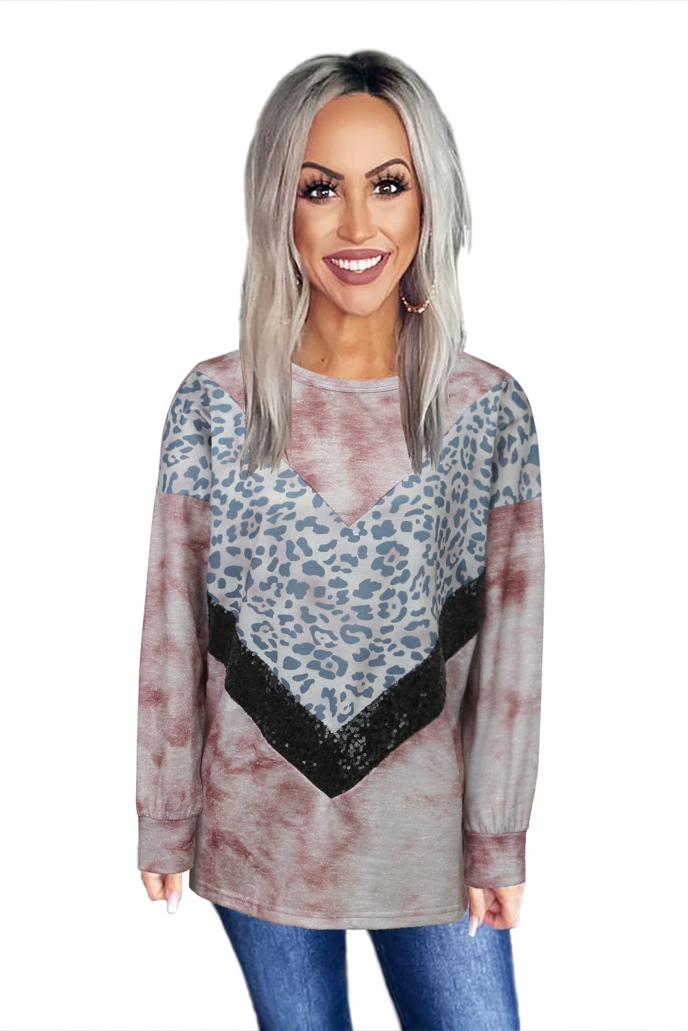 Sequin Splicing Khaki Tie Dye Long Sleeve Top featuring a trendy tie dye pattern, leopard print accents, and sequins for a stylish look.