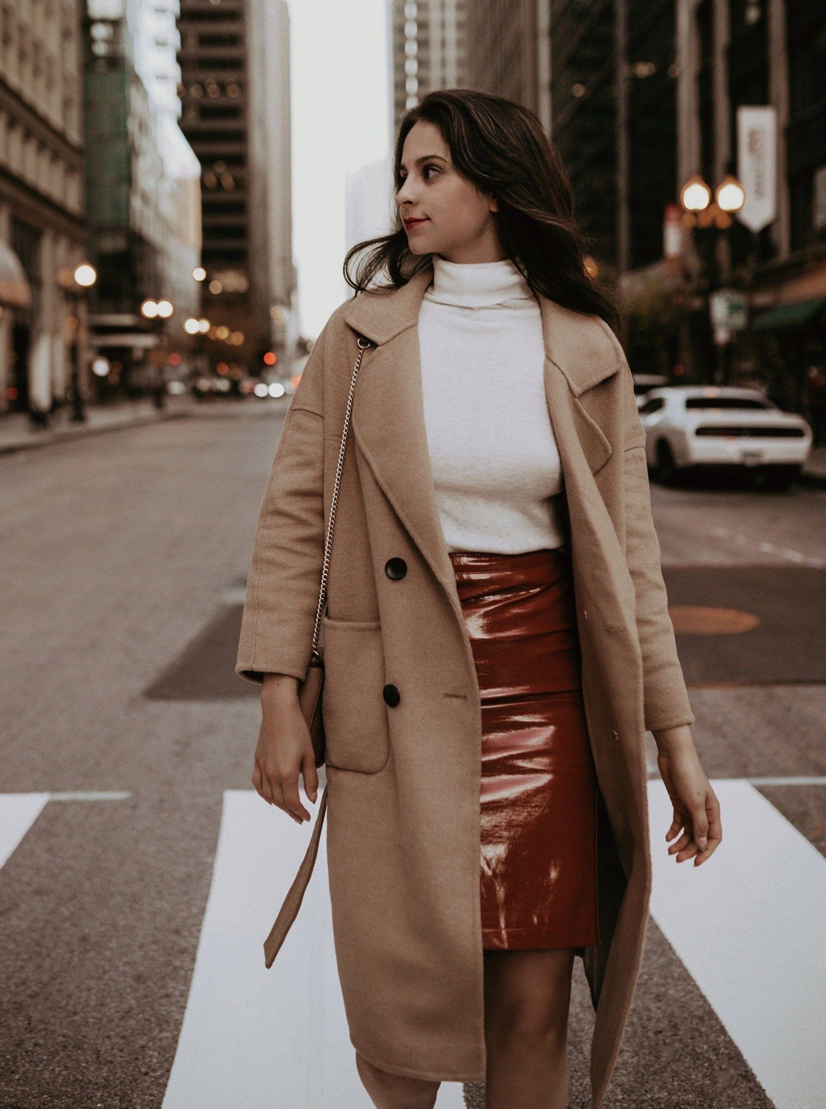 Serena Double Breasted Trench Coat in cozy wool with contrasting buttons and a tie waist, showcasing a sleek silhouette.