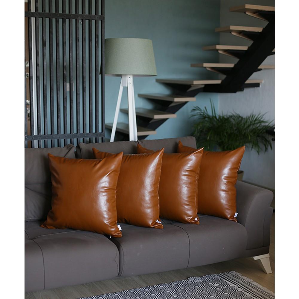 Set of 4 square brown faux leather pillow covers with hidden zipper closure, perfect for home decor.