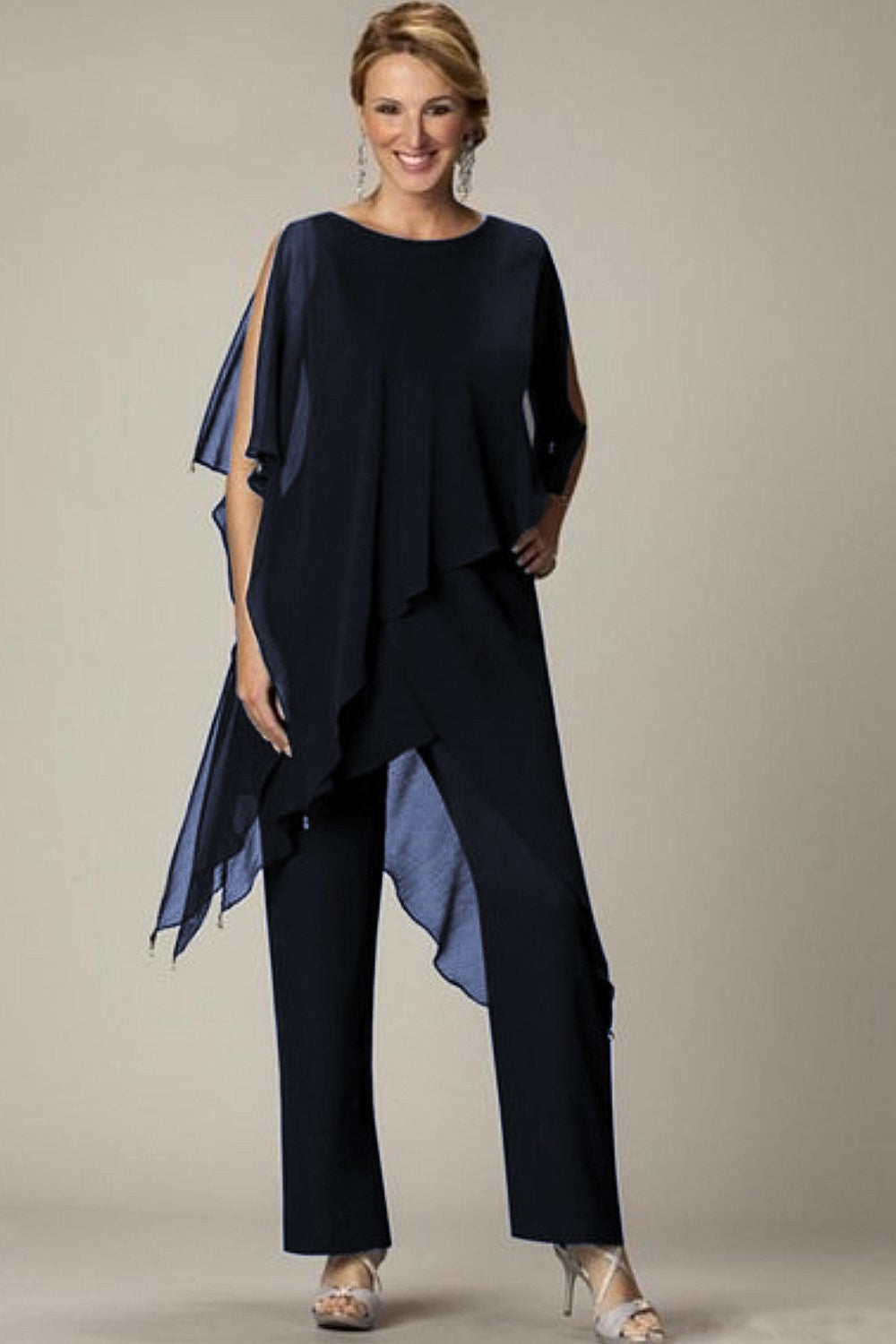 Elegant dark blue translucent tunic and long pants set, showcasing a loose fit and round collar, made from high-quality fabric.