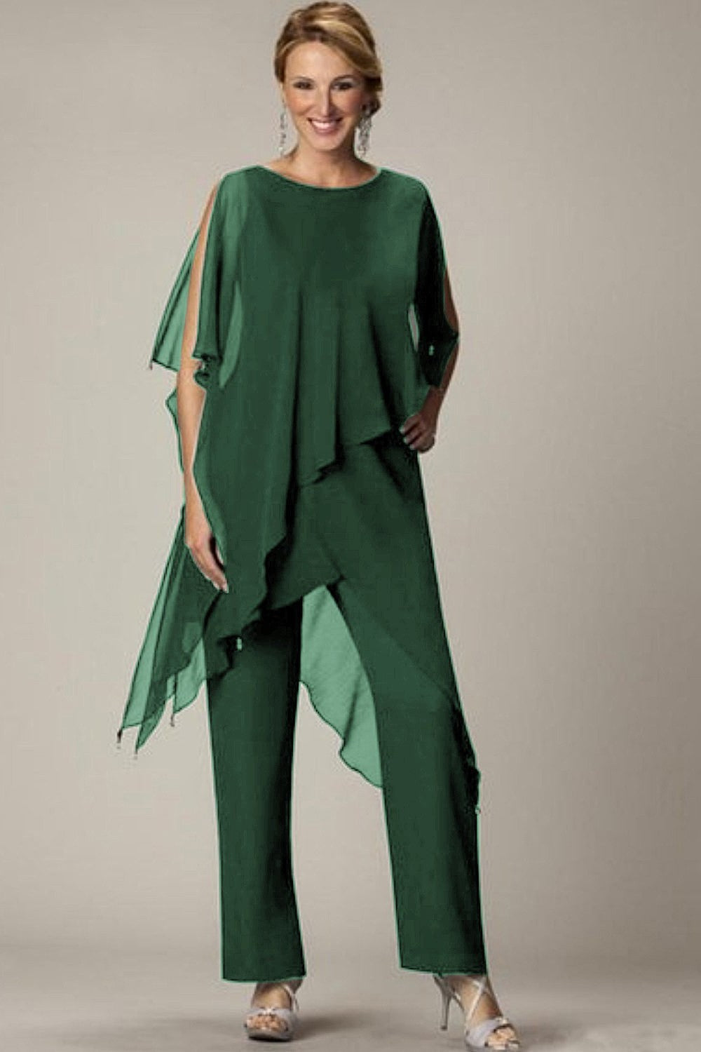 Elegant green translucent tunic and long pants set, showcasing a loose fit and round collar, perfect for various occasions.