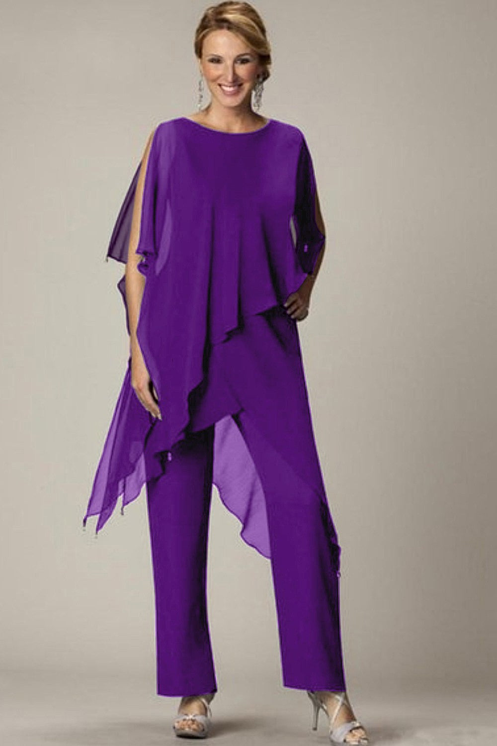 Elegant purple tunic and long pants set, showcasing sheer fabric and a loose fit design.