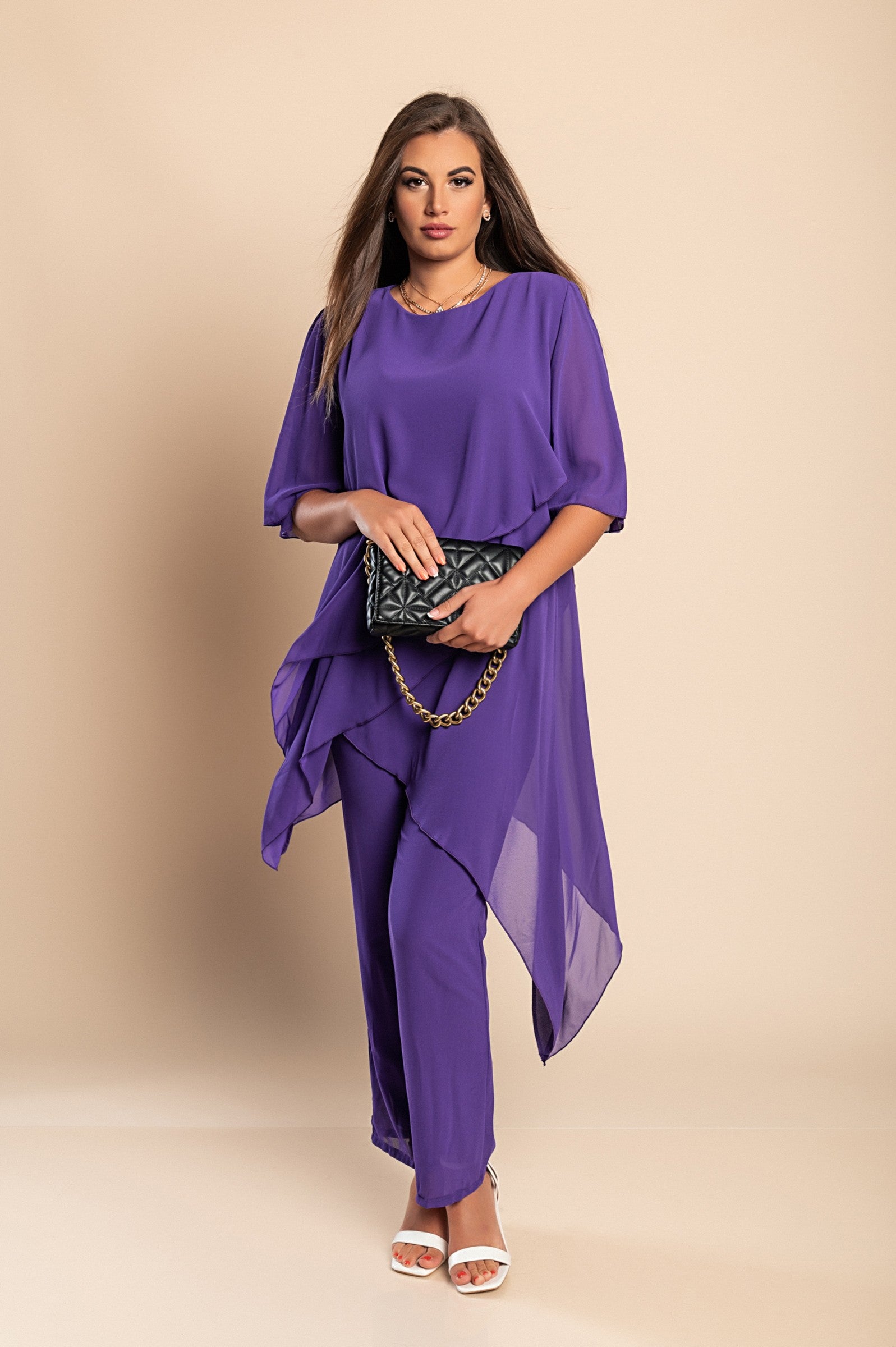 Elegant purple tunic and long pants set, showcasing sheer fabric and a loose fit design.