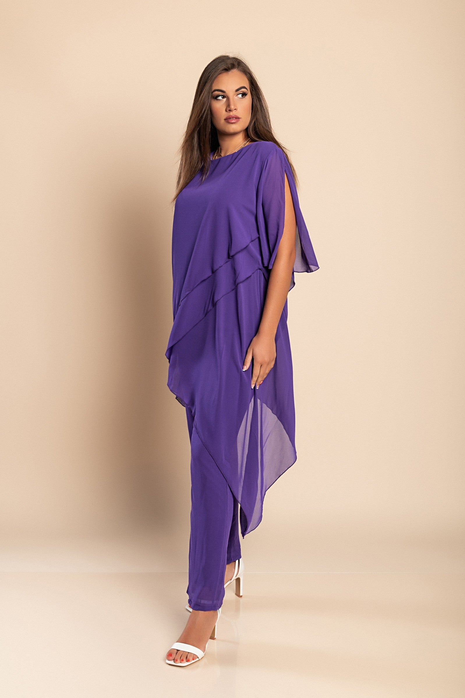 Elegant purple tunic and long pants set, showcasing sheer fabric and a loose fit design.