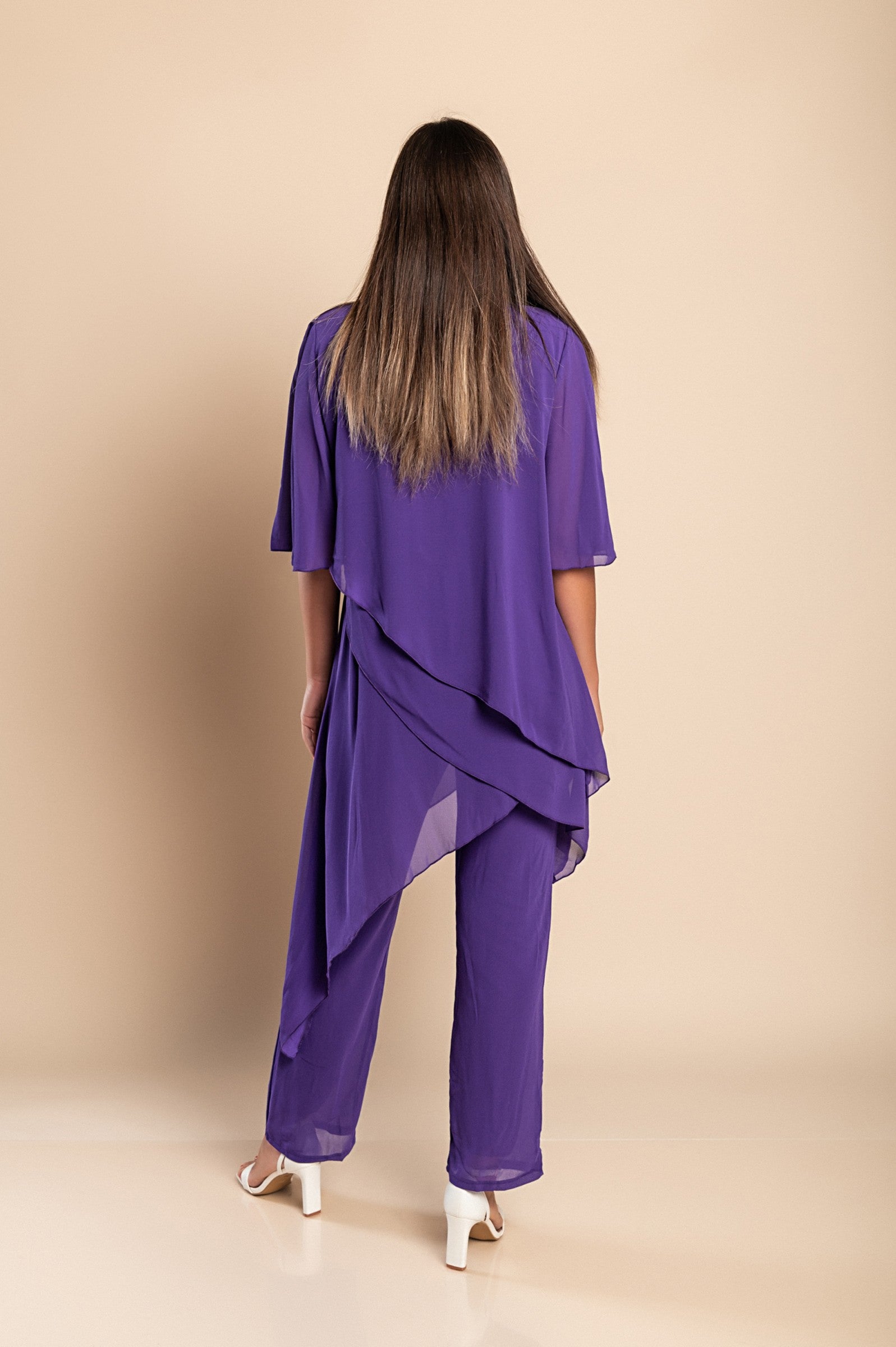 Elegant purple tunic and long pants set, showcasing sheer fabric and a loose fit design.
