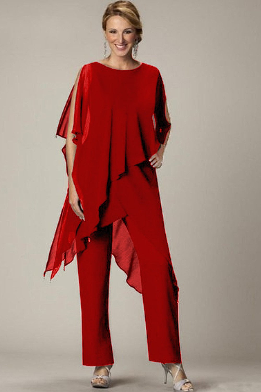 Elegant red tunic and long pants set, showcasing sheer fabric and a loose fit, perfect for casual or formal occasions.