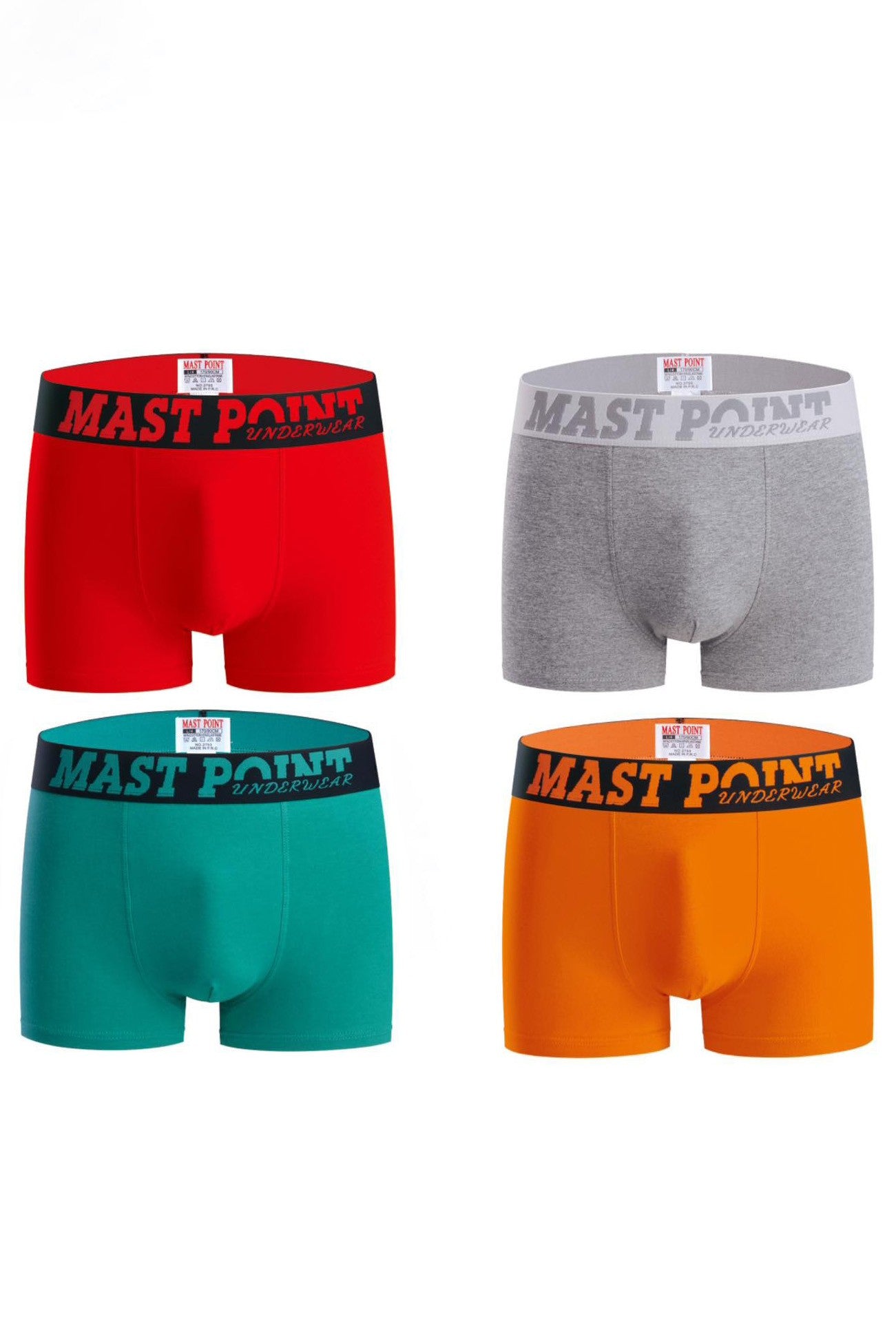 Set of four men's cotton boxers in orange, grey, green, and red colors, showcasing their fitted design and high-quality fabric.
