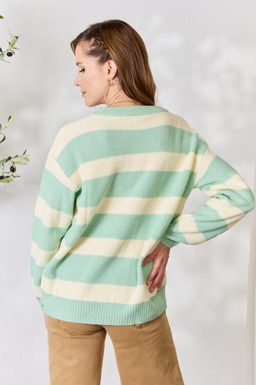 Sew In Love Full Size Contrast Striped Round Neck Sweater featuring stylish stripes and a comfortable fit.