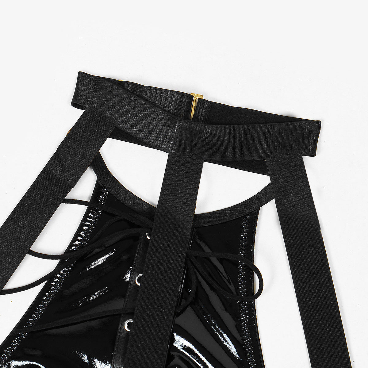 A seductive patent leather uniform featuring metal chains, backless design, and lace-up details, perfect for intimate occasions.