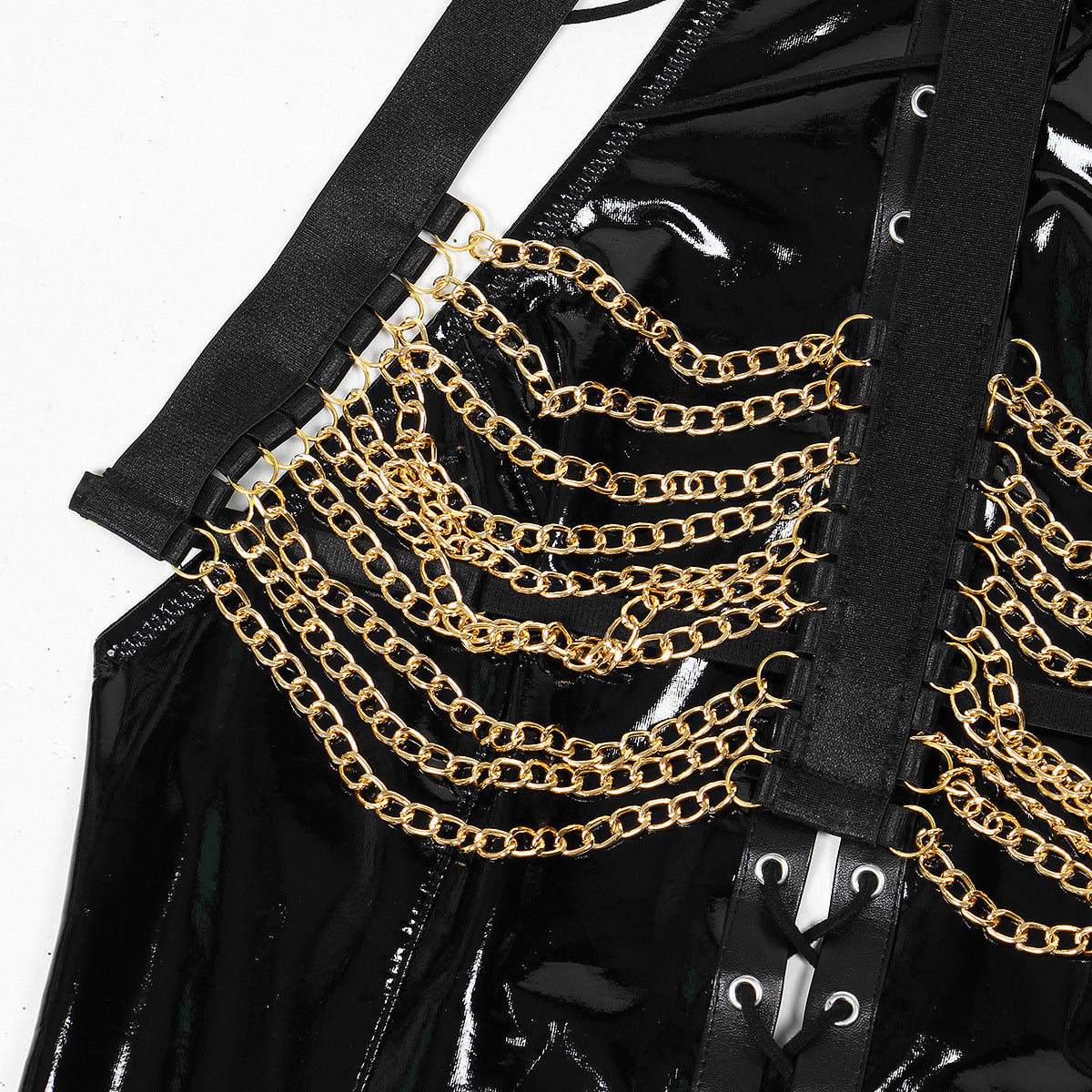 A seductive patent leather uniform featuring metal chains, backless design, and lace-up details, perfect for intimate occasions.