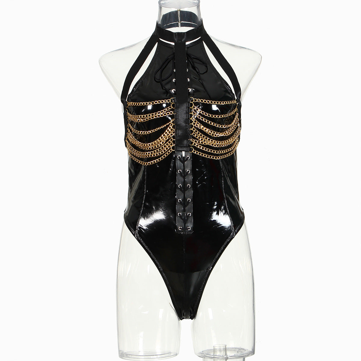 A seductive patent leather uniform featuring metal chains, backless design, and lace-up details, perfect for intimate occasions.