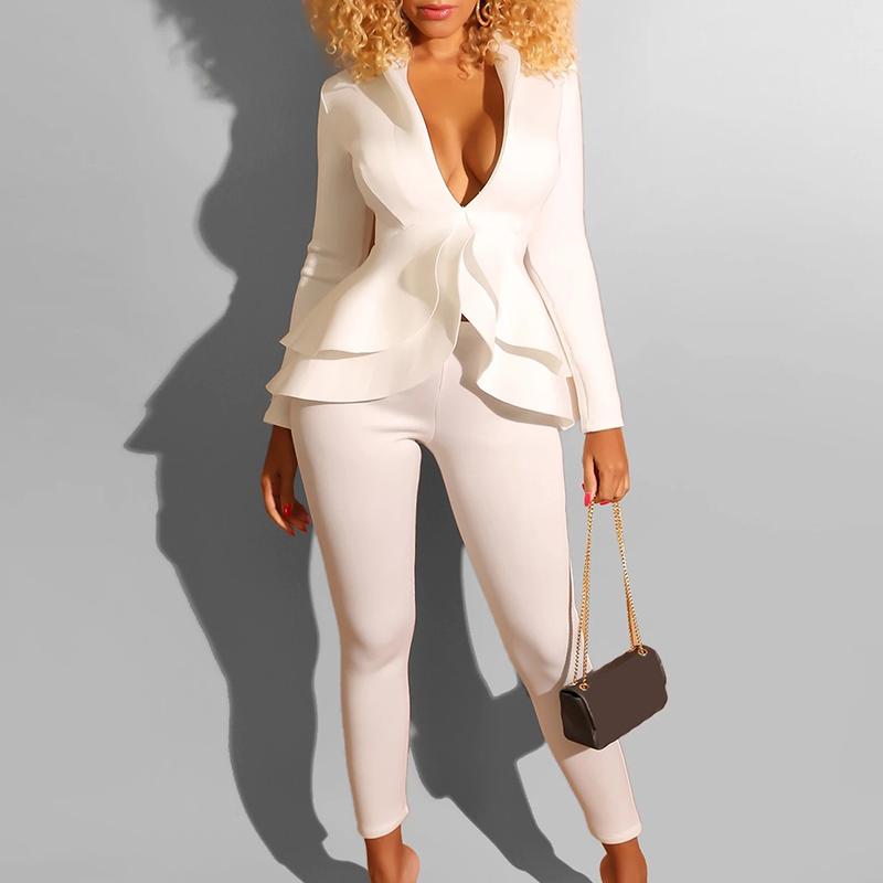 A stylish sexy two piece suit long sleeve jumpsuit for women featuring ruffles, made from high-quality polyester in a solid color.