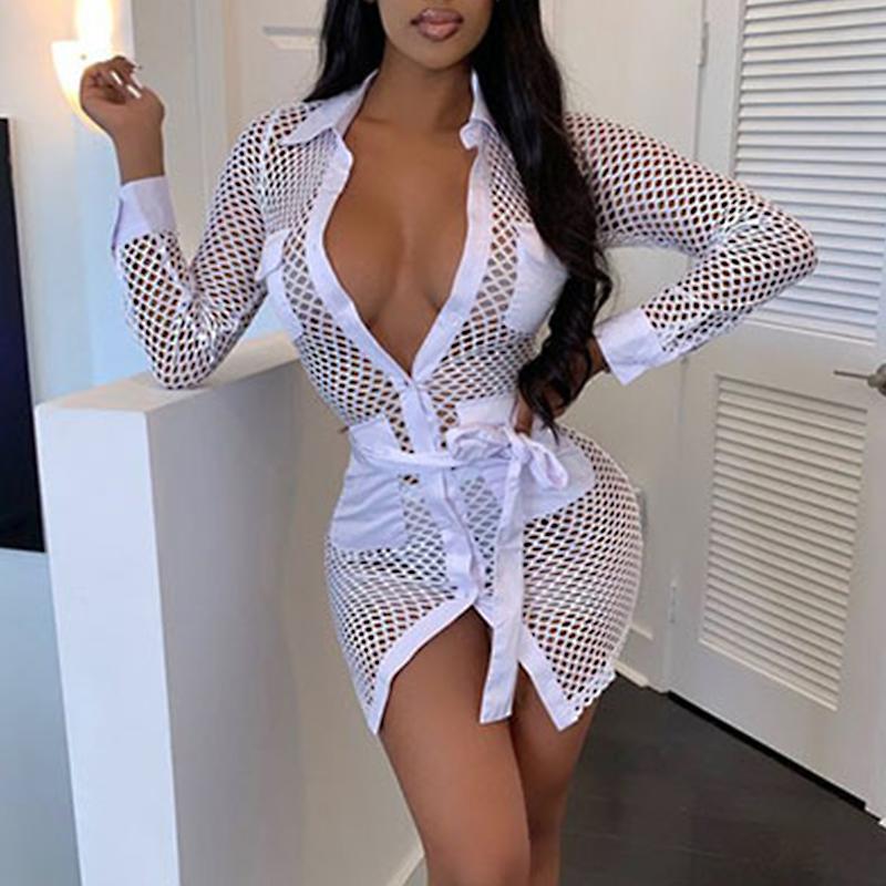 A stylish sexy white mini short neon dress for women, featuring a turn-down collar and full sleeves, perfect for night parties and clubs.